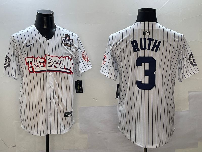 Men New York Yankees #3 Ruth White Stripe four generations Joint Name 2025 Nike MLB Jersey style 3